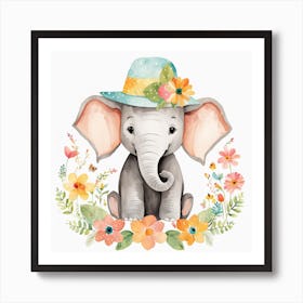 Floral Baby Elephant Nursery Illustration (3) Art Print