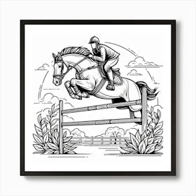 Line Art rider on horse jumping over obstacle 3 Art Print