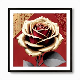 Gold Rose On Red Art Print