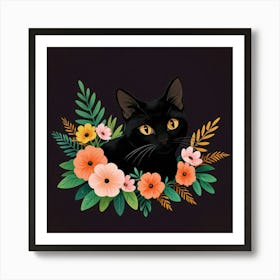 Black Cat With Flowers 4 Art Print