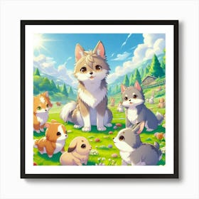 Cute Animals In A Field Art Print