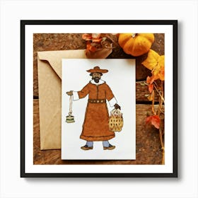 A Seasonal Autumn Greeting Card Joyfully Featuring A Cheerful Pilgrim Adorned In The Traditional Br (4) 1 Art Print