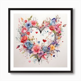 Watercolor Heart Of Flowers 2 Art Print