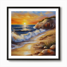 The sea. Beach waves. Beach sand and rocks. Sunset over the sea. Oil on canvas artwork.18 Art Print