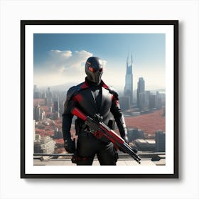 The Image Depicts A Man In A Black Suit And Helmet Standing In Front Of A Large, Modern Cityscape 5 Art Print