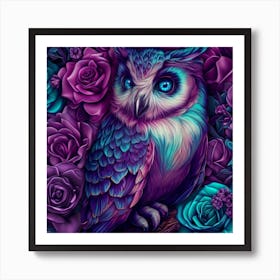 owl with dolphin colors, purple roses 6 Art Print