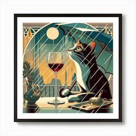 Cat Drinking Wine In The Rain 4 Art Print