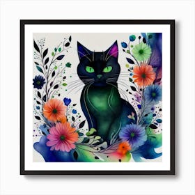 Black Cat With Flowers 7 Art Print