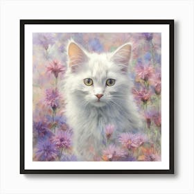 White Cat In Purple Flowers Art Print