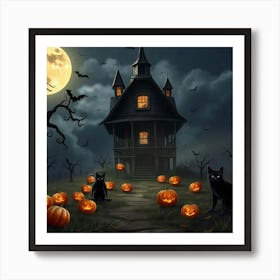 Haunted Manor: A Night of Black Cats and Glowing Pumpkins Art Print