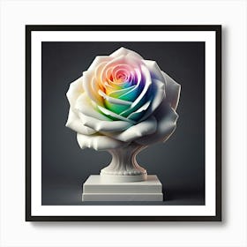 A White Marble Bust Of Rainbow Colored Rose On A Grey Background, 3d 2 Art Print