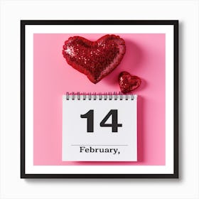 a calendar opened to February 14 with a large red sequined heart and a smaller one on a pink background Art Print