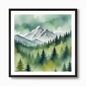 Mountain And Forest In Minimalist Watercolor Horizontal Composition Art Print 1 Art Print