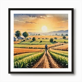 Water Colored Painting Of Landscape Farming Farmer Sun Rising 2d Art Water Color Spray 32k Resolutio 4196798407 Art Print