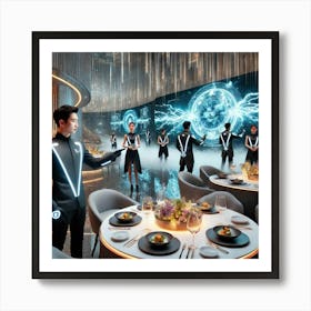 A Futuristic Restaurant Setting Showcasing Staff P Art Print