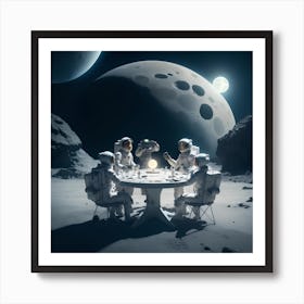 Astronauts Sitting At Around Table On The Moon With A Mystical Futuristic Object Art Print