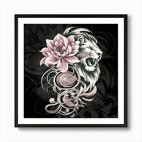 Lion With Lotus Flower Art Print