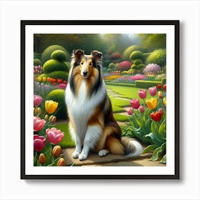 Collie Dog In The Garden With Flowers Art Print