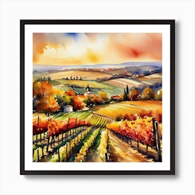 Vineyard Landscape Watercolor Painting Art Print