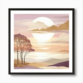 Sunset With Trees gold and lilac Art Print