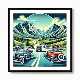 Vintage Car Rally Scenic Route Printed Art A Vibrant Illustration Of Classic Cars On A Scenic Route, Perfect For Capturing The Freedom And Joy Of The Open Road In Any Car Lover’S Space Printed Art Art Print