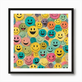 Smiley Faces, Whimsical Collage Featuring Hand Drawn Smiley Faces Spectrum Of Expressions Various Styles 1 Art Print