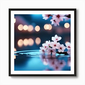 Cherry Blossom Branch on Rippled Water Surface Art Print