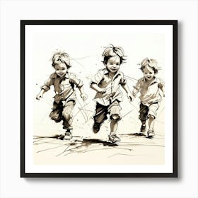 Single Line Drawings Of The Small Boys Playing Design , Three Boys Art Print