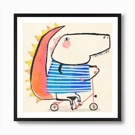 Dinosaur With Striped Shirt On A Bicycle Square Art Print