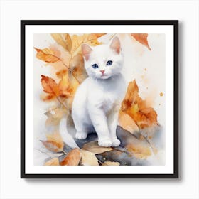 White Kitten In Autumn Leaves 2 Art Print