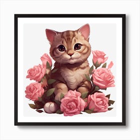 Cat With Roses 1 Art Print