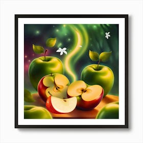 Apple Trees In The Forest, Isolated apples. green and red apples fruit with slice (cut) isolated with clipping path , kitchen decor, living room decor, food art decor. Art Print