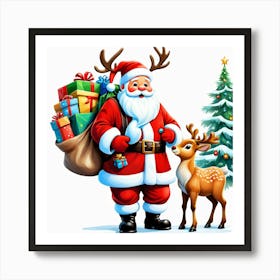 Santa Claus And Deer with Christmas gifts Art Print