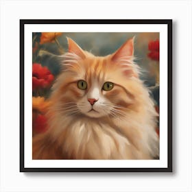 Orange Cat In Flowers Art Print