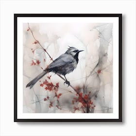 Bird & Flowers Watercolour & Ink Painting Art Print