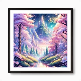 A Fantasy Forest With Twinkling Stars In Pastel Tone Square Composition 154 Art Print