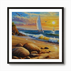 Oil painting design on canvas. Sandy beach rocks. Waves. Sailboat. Seagulls. The sun before sunset.12 Art Print