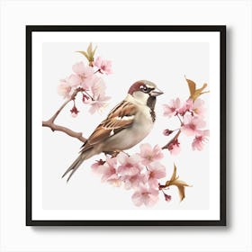 Sparrow On Cherry Blossoms Art Print