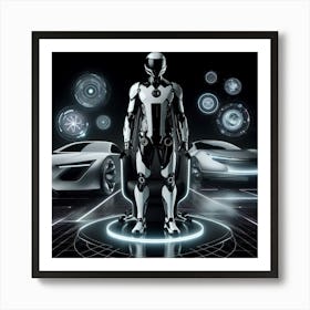 Futuristic Man Standing In Front Of Futuristic Cars Art Print