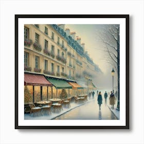 Paris cafes, winter season, Christmas, pale colors, pedestrians in the street, winter clothes, falling snow.20 Art Print