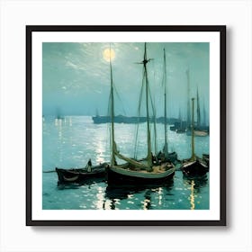 Moonlight At The Harbor Art Print