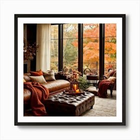 Autumn Living Room Embracing The Essence Of Comfort With A Palette Of Warm Oranges Reds And Golds (1) Art Print