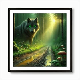 Wolfy looking for bioluminescent mushrooms 1 Art Print