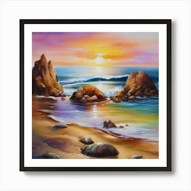 Artwork, oil colors, sea and sunset, seashore, beach rocks.San Francisco, USA.6 Art Print