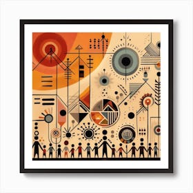 A Contemporary Representation Of Warli Art With Stick Figures And Geometric Shapes Art Print