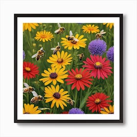 Bees And Flowers 1 Art Print