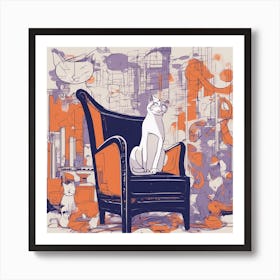 Drew Illustration Of Cat On Chair In Bright Colors, Vector Ilustracije, In The Style Of Dark Navy An (2) Art Print