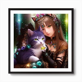 Girl With A Cat Art Print