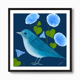 Folk Art Blue Bird With Flowers Square Poster