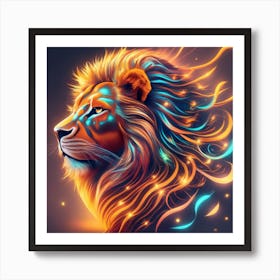 Fantasy Lion Made Of Neon Rays Eminating Orange Art Print